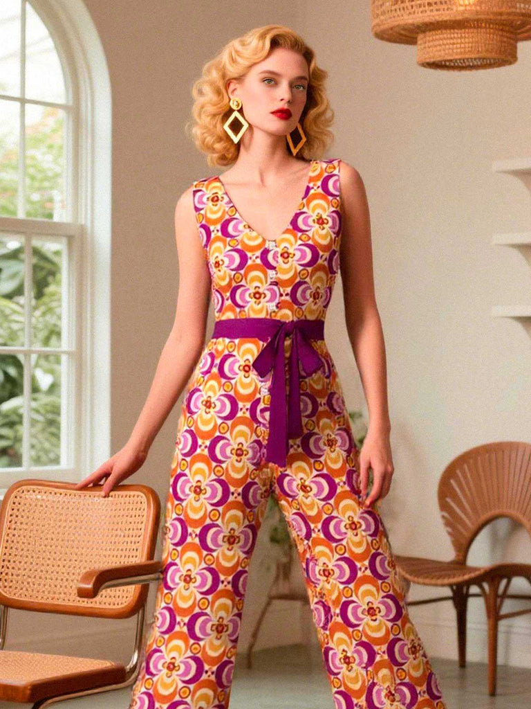 Combinaison orange fleur à col en V années 1960