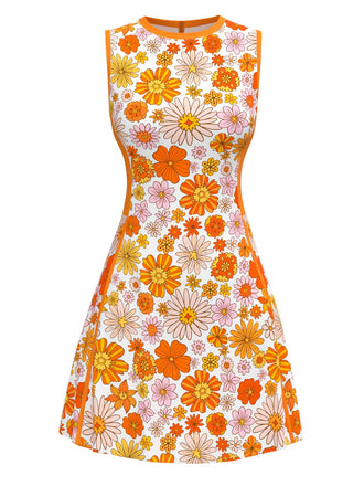 Robe orange marguerites sans manches années 1960