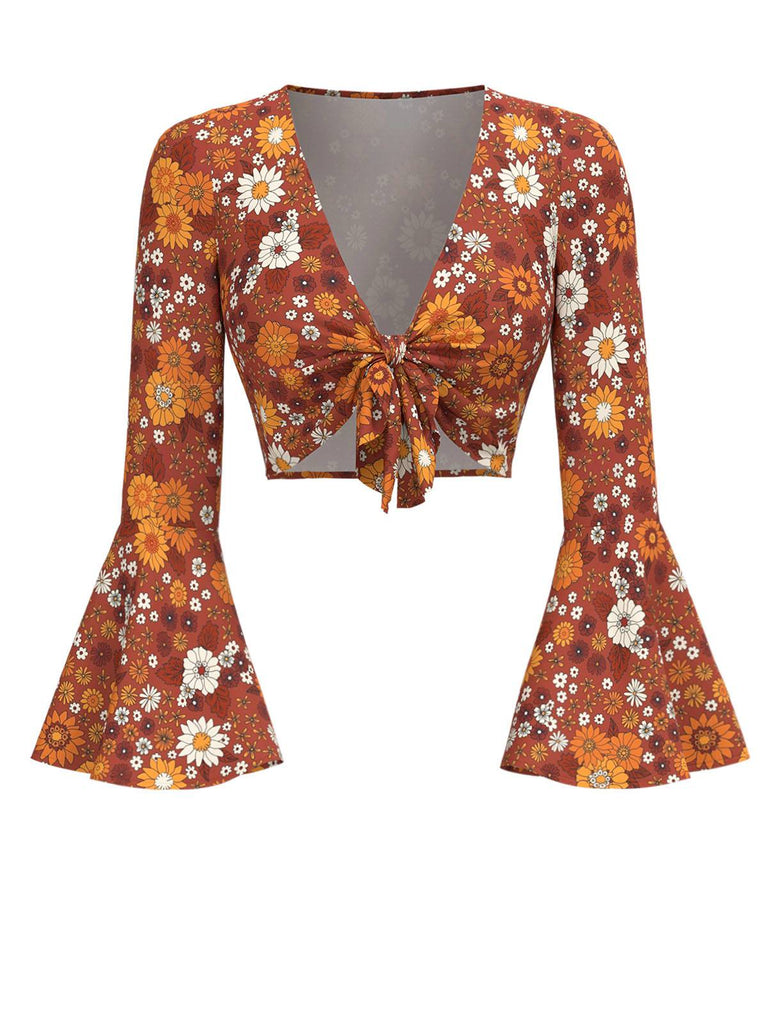 Haut orange manches cloches hippie marguerite des années 1970