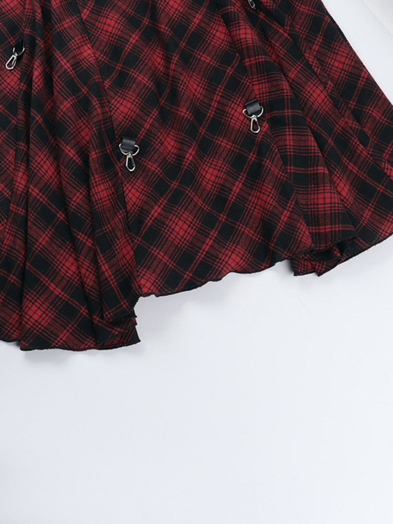 Jupe écossaise rouge à ourlet haut-bas des années 1980