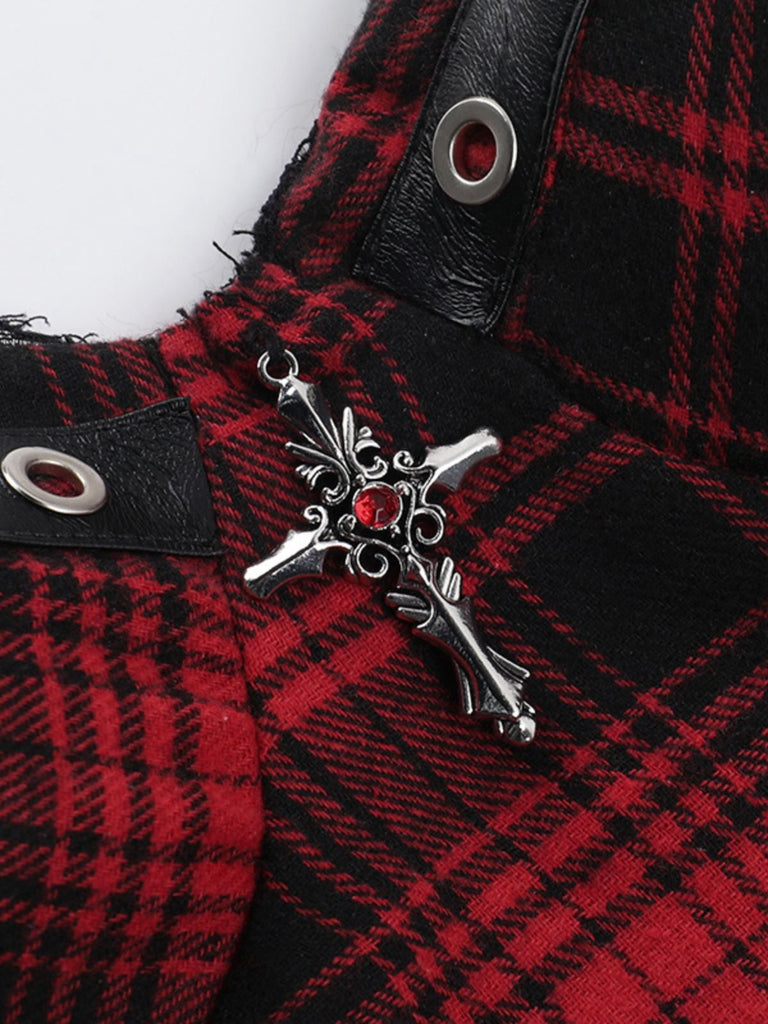 Caraco smocké en dentelle et cuir à carreaux style punk rouge des années 1970