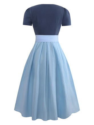 2PCS Robe col carré bloc de couleurs bleu gris uni et tablier des années 1950
