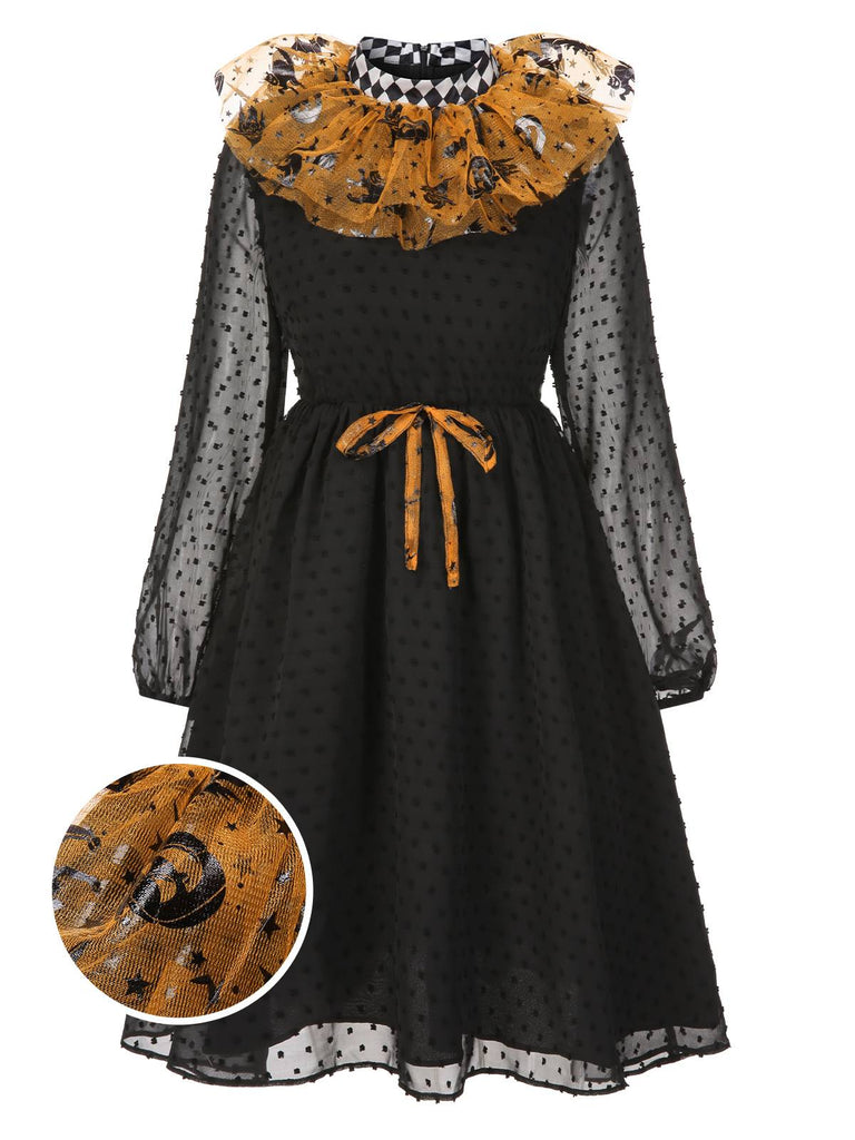 [Pré-vente] Robe patchwork en maille noire et orange pois et citrouille d'Halloween années 1950