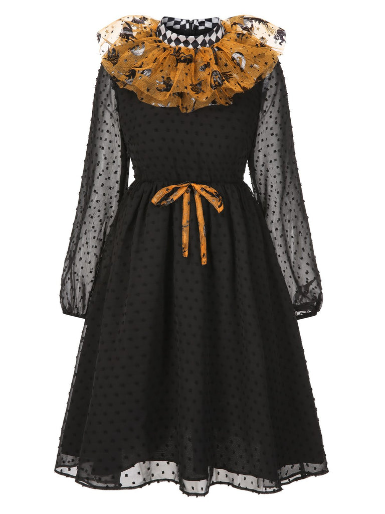 [Pré-vente] Robe patchwork en maille noire et orange pois et citrouille d'Halloween années 1950