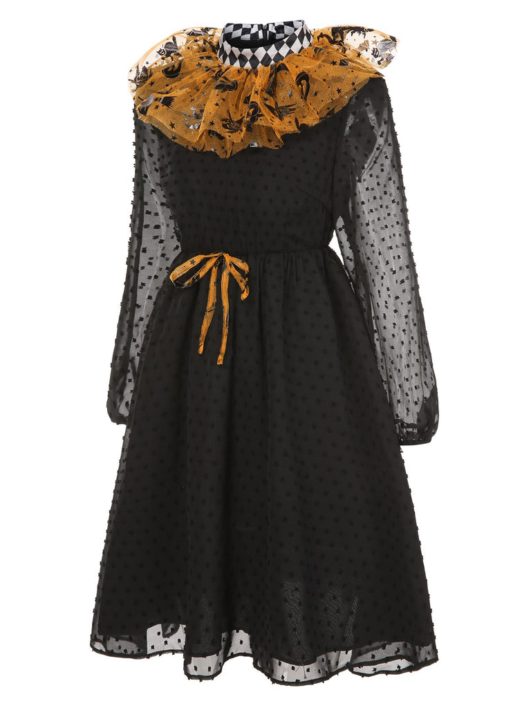 [Pré-vente] Robe patchwork en maille noire et orange pois et citrouille d'Halloween années 1950