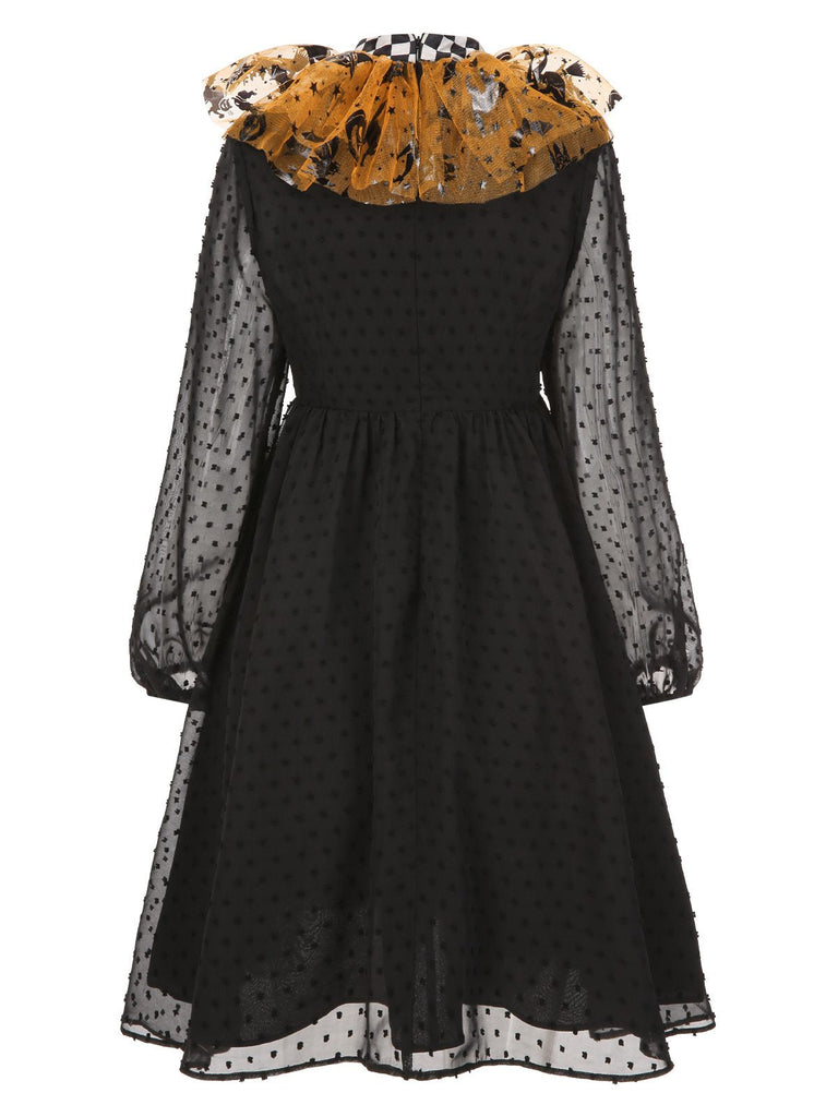 [Pré-vente] Robe patchwork en maille noire et orange pois et citrouille d'Halloween années 1950