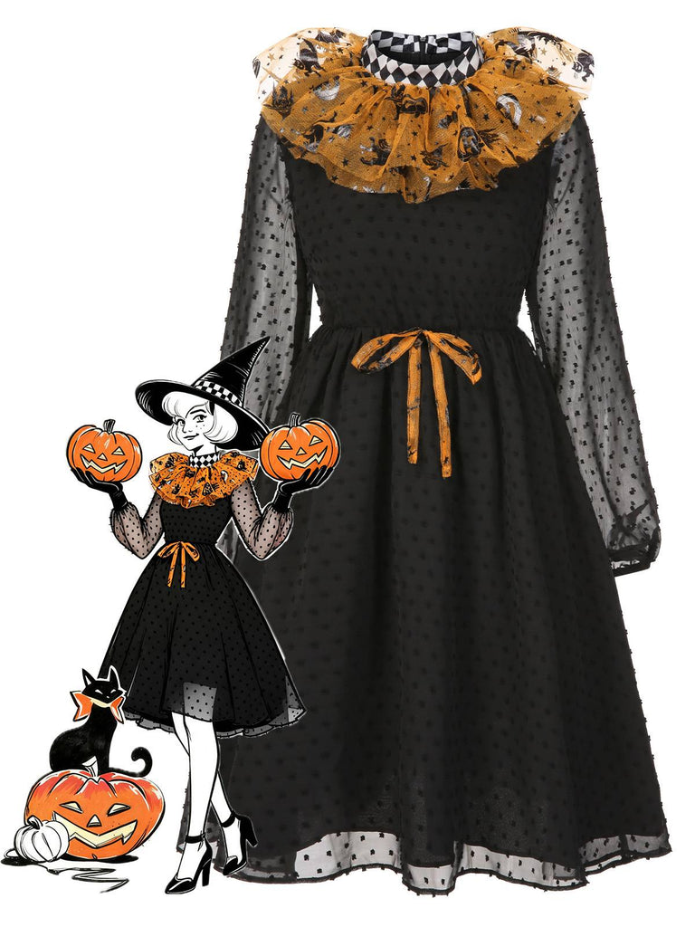 [Pré-vente] Robe patchwork en maille noire et orange pois et citrouille d'Halloween années 1950