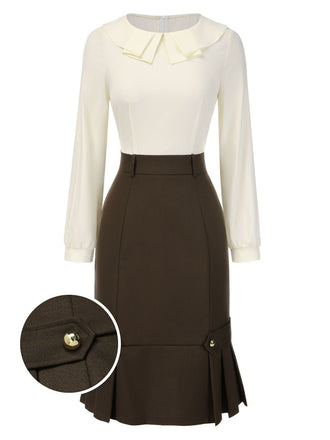 Robe crayon marron et col contrasté années 1960