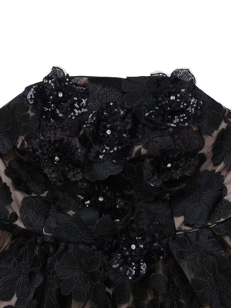 Robe bustier noire en maille florale 3D des années 1950