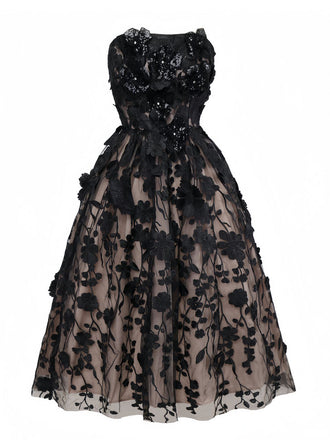 Robe bustier noire en maille florale 3D des années 1950