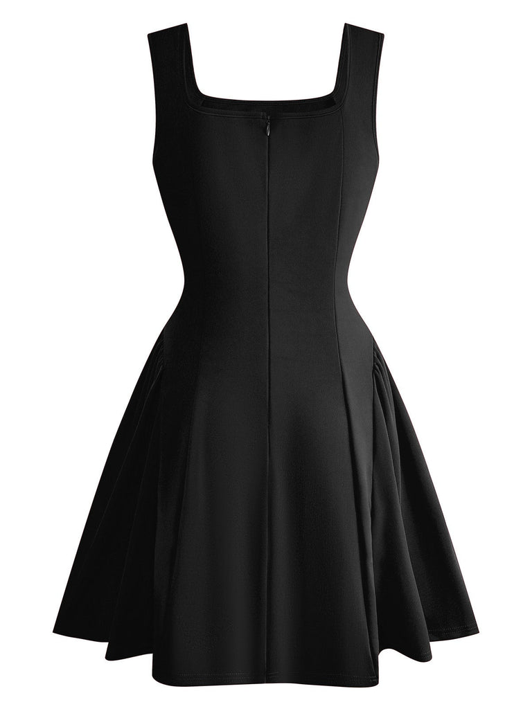 Robe trapèze col carré larges bretelles couleur uni des années 1950