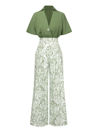 2PCS Chemisier Dolman solide et pantalon floral verte des années 1930