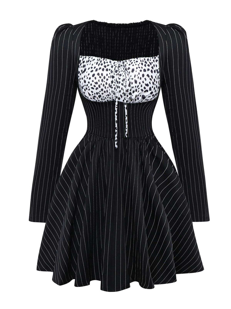 Robe noire à rayures verticales et motif léopard des années 1950