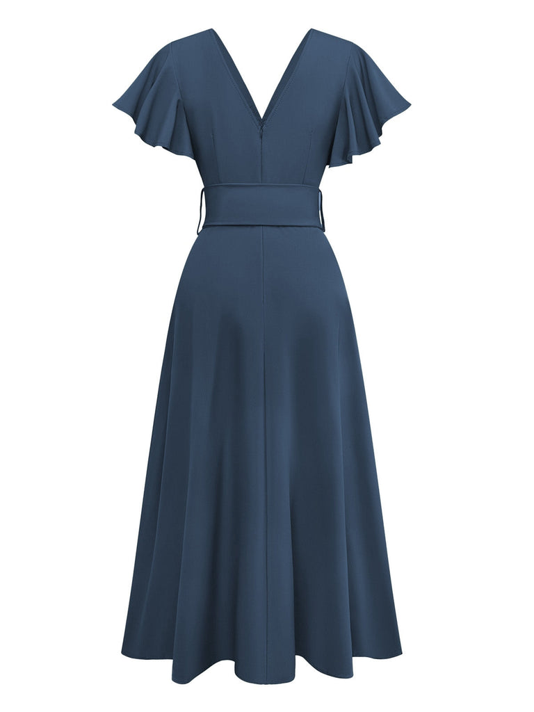 Robe unie à manches évasées et en V profond années 1940