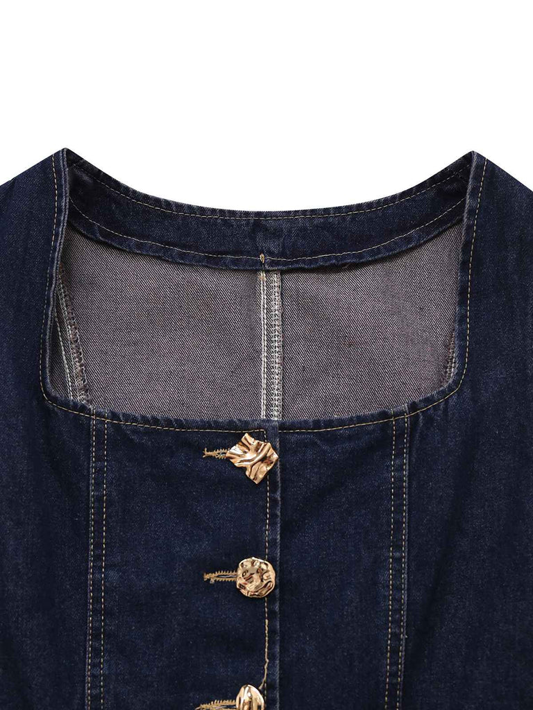Gilet en jean bleu boutonné à col carré des années 1950