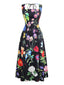 Robe longue fleurie noire à col carré des années 1930