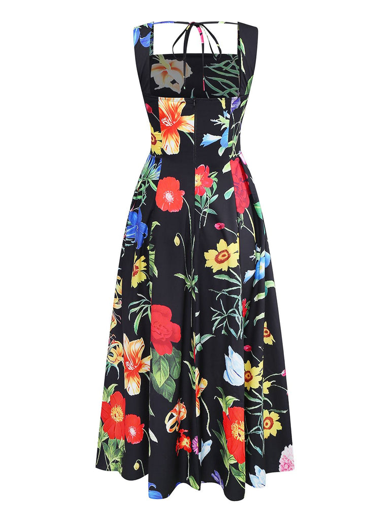 Robe longue fleurie noire à col carré des années 1930
