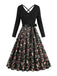 Robe noire à imprimé Noël col en V et dos croisé années 1950