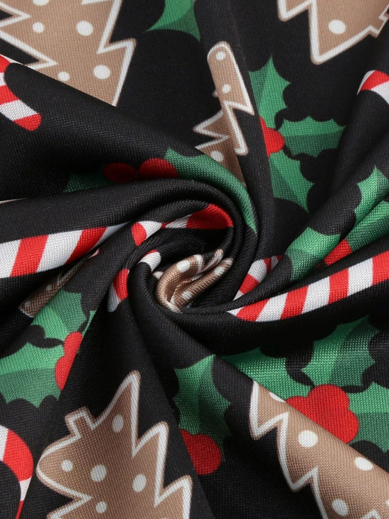 Robe noire à imprimé Noël col en V et dos croisé années 1950