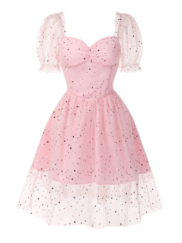[Prévente] Robe rose en maille à paillettes étoiles années 1950