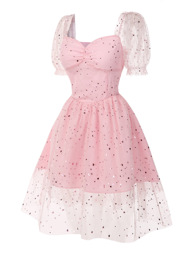 [Prévente] Robe rose en maille à paillettes étoiles années 1950