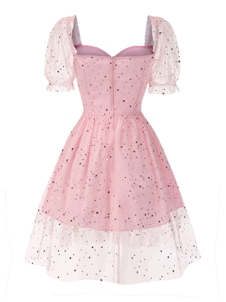 [Prévente] Robe rose en maille à paillettes étoiles années 1950