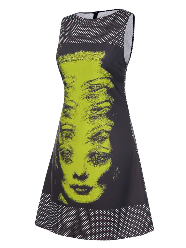 Robe noire à pois et imprimé visage années 1960