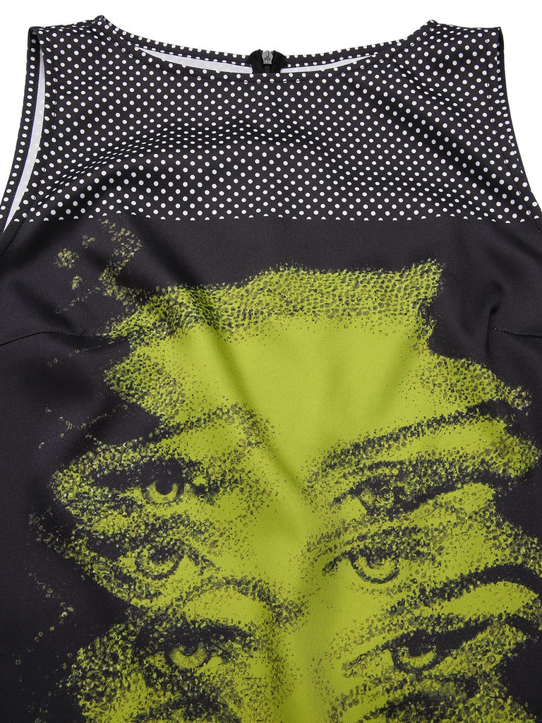 Robe noire à pois et imprimé visage années 1960