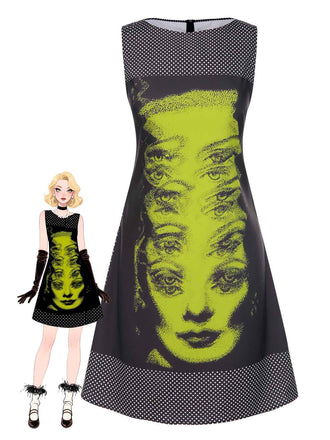 Robe noire à pois et imprimé visage années 1960