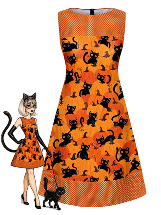 [Prévente] Robe Orange Sans Manches Chat Crâne À Pois Années 1960