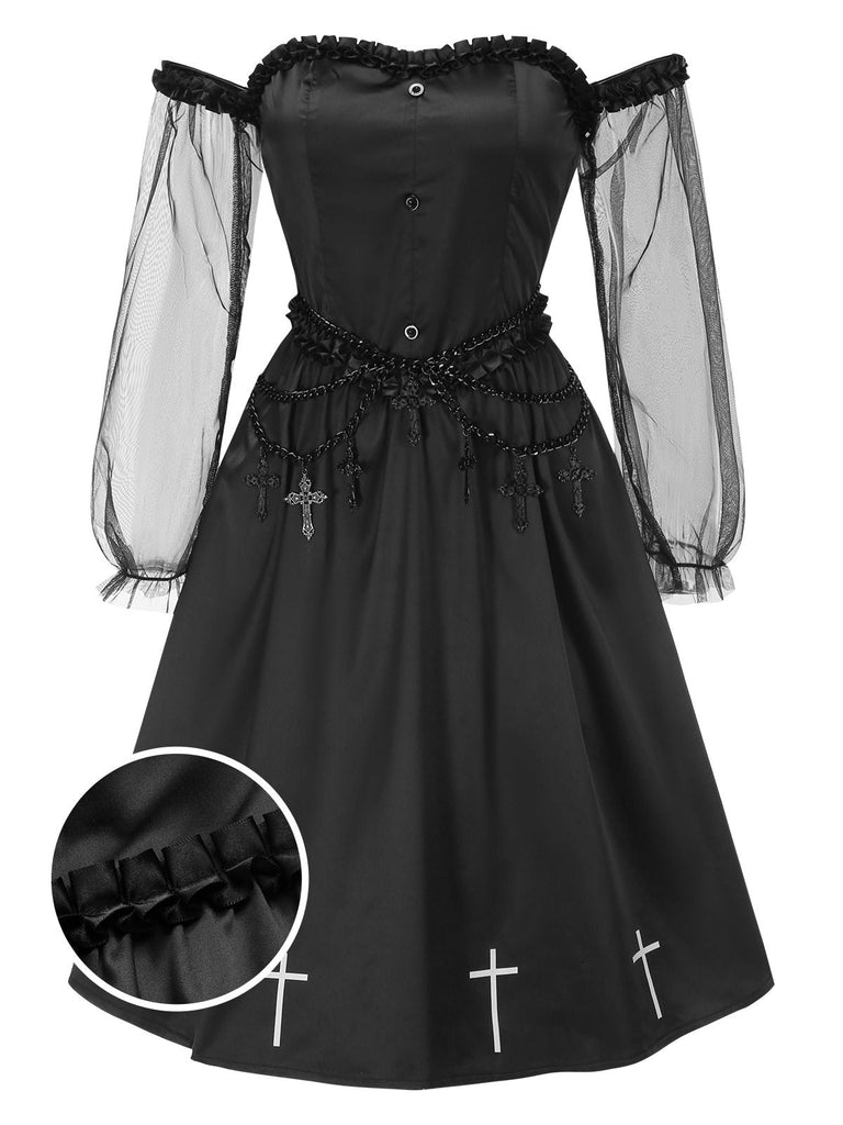 [Pré-vente] Robe noire en maille épaules dénudées à volants croisés style gothique années 1950