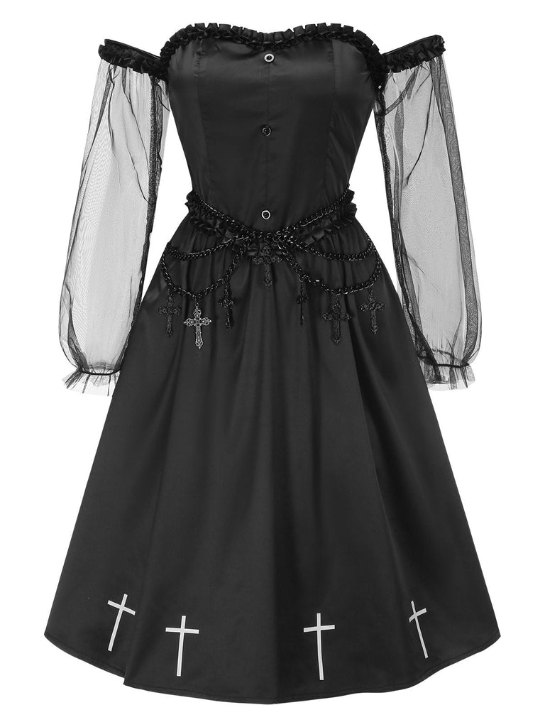 [Pré-vente] Robe noire en maille épaules dénudées à volants croisés style gothique années 1950