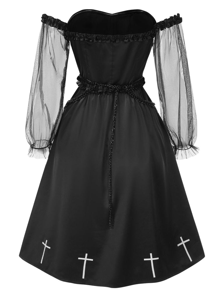 [Pré-vente] Robe noire en maille épaules dénudées à volants croisés style gothique années 1950