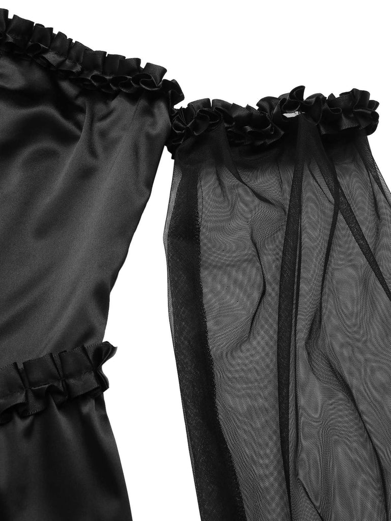[Pré-vente] Robe noire en maille épaules dénudées à volants croisés style gothique années 1950