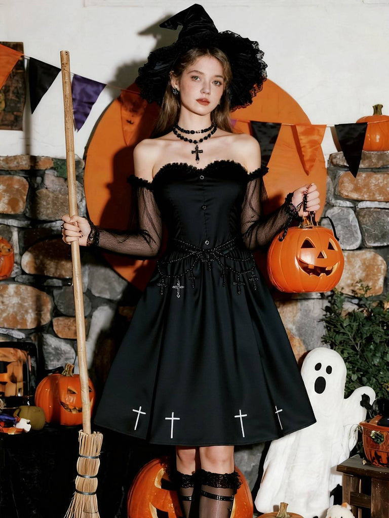 [Pré-vente] Robe noire en maille épaules dénudées à volants croisés style gothique années 1950