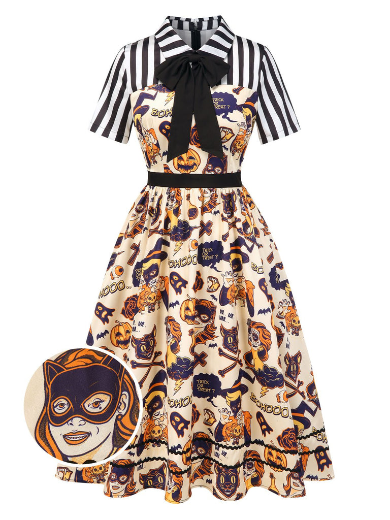 [Prévente] Robe patchwork à rayures et imprimé Halloween années 1950