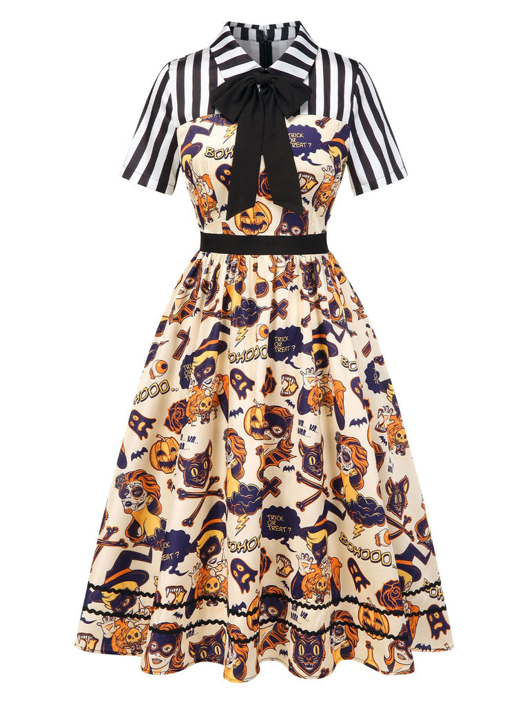 [Prévente] Robe patchwork à rayures et imprimé Halloween années 1950