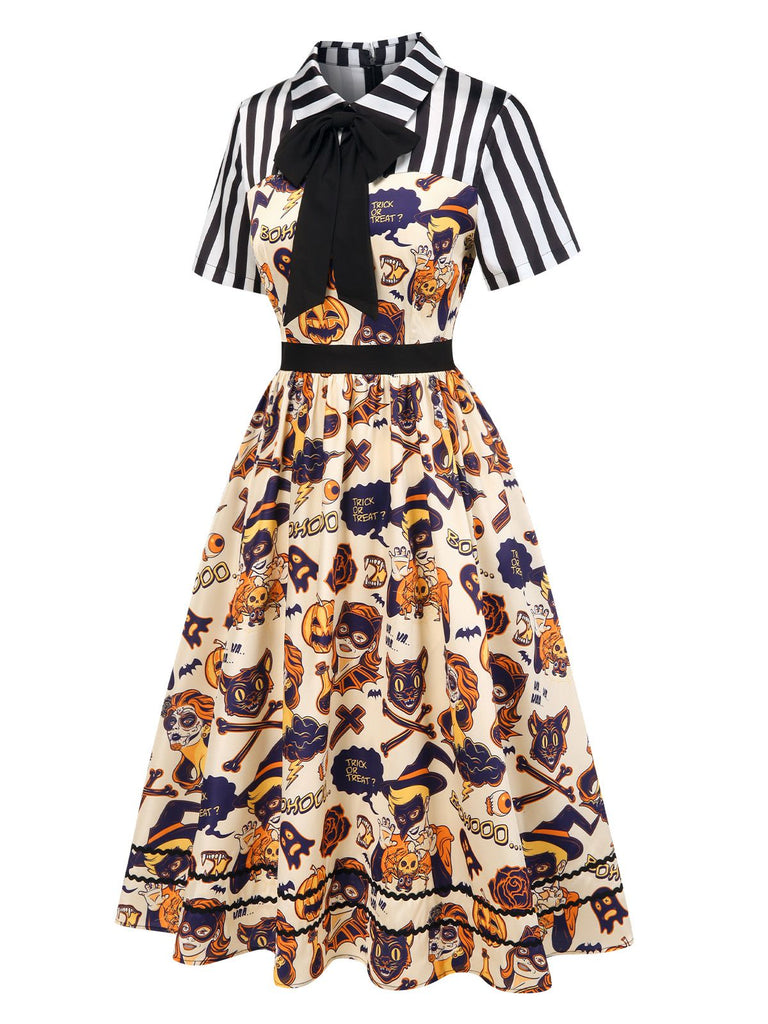 [Prévente] Robe patchwork à rayures et imprimé Halloween années 1950
