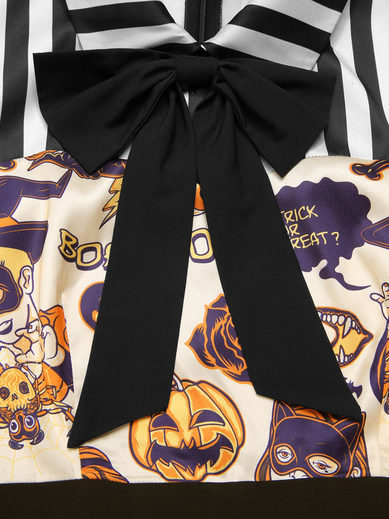 [Prévente] Robe patchwork à rayures et imprimé Halloween années 1950