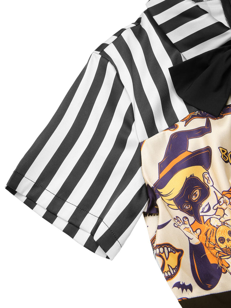 [Prévente] Robe patchwork à rayures et imprimé Halloween années 1950