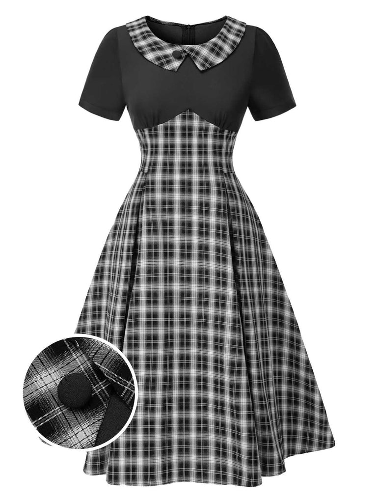 [Pré-vente] Robe patchwork plissée à carreaux noire des années 1950