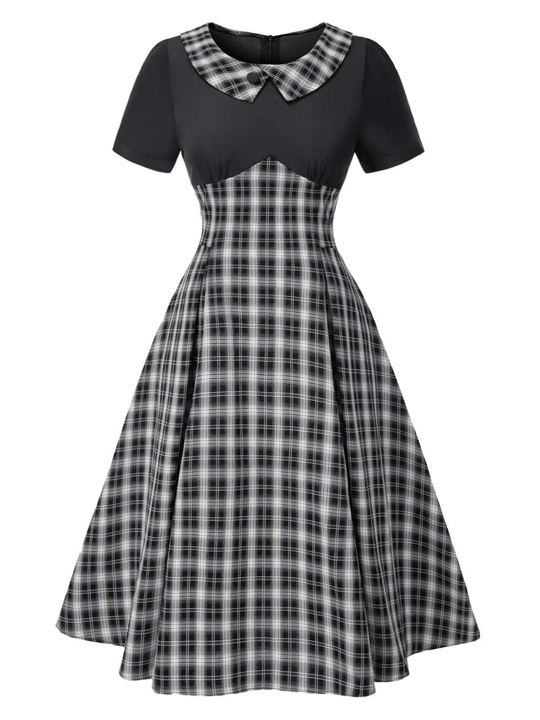 [Pré-vente] Robe patchwork plissée à carreaux noire des années 1950