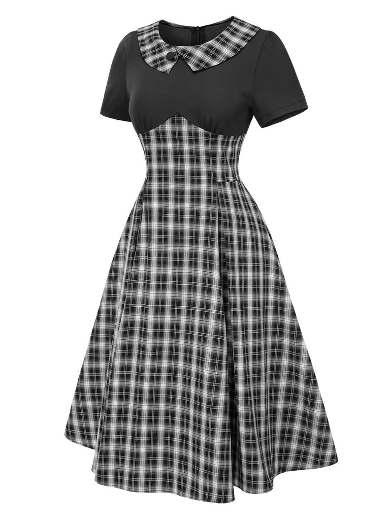 [Pré-vente] Robe patchwork plissée à carreaux noire des années 1950
