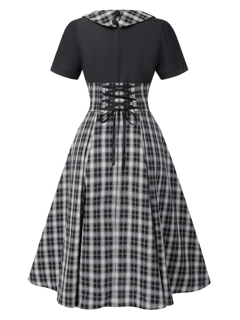 [Pré-vente] Robe patchwork plissée à carreaux noire des années 1950