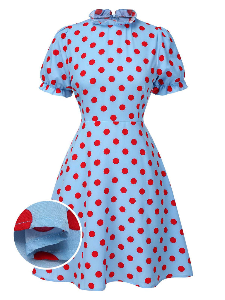 [Prévente] Robe bleue à pois à volants et manches bouffantes années 40
