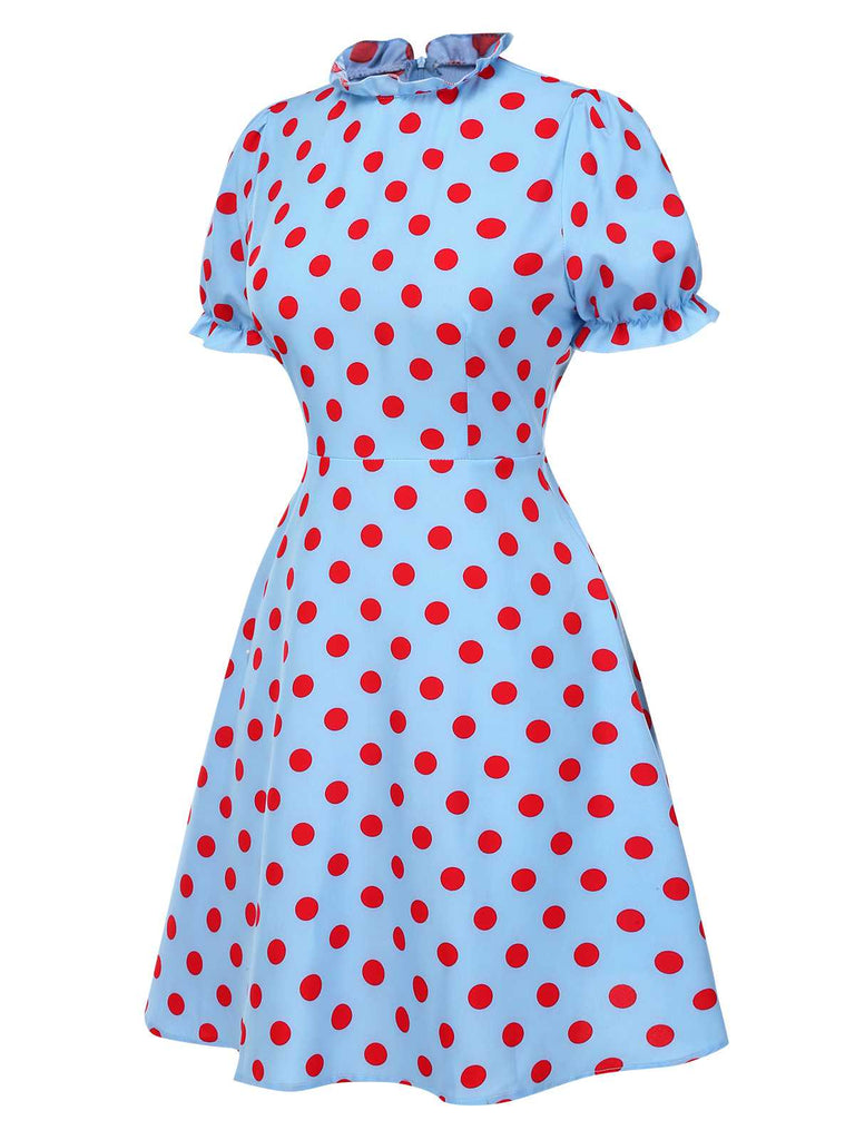 [Prévente] Robe bleue à pois à volants et manches bouffantes années 40