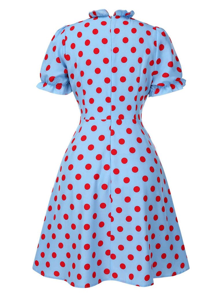 [Prévente] Robe bleue à pois à volants et manches bouffantes années 40