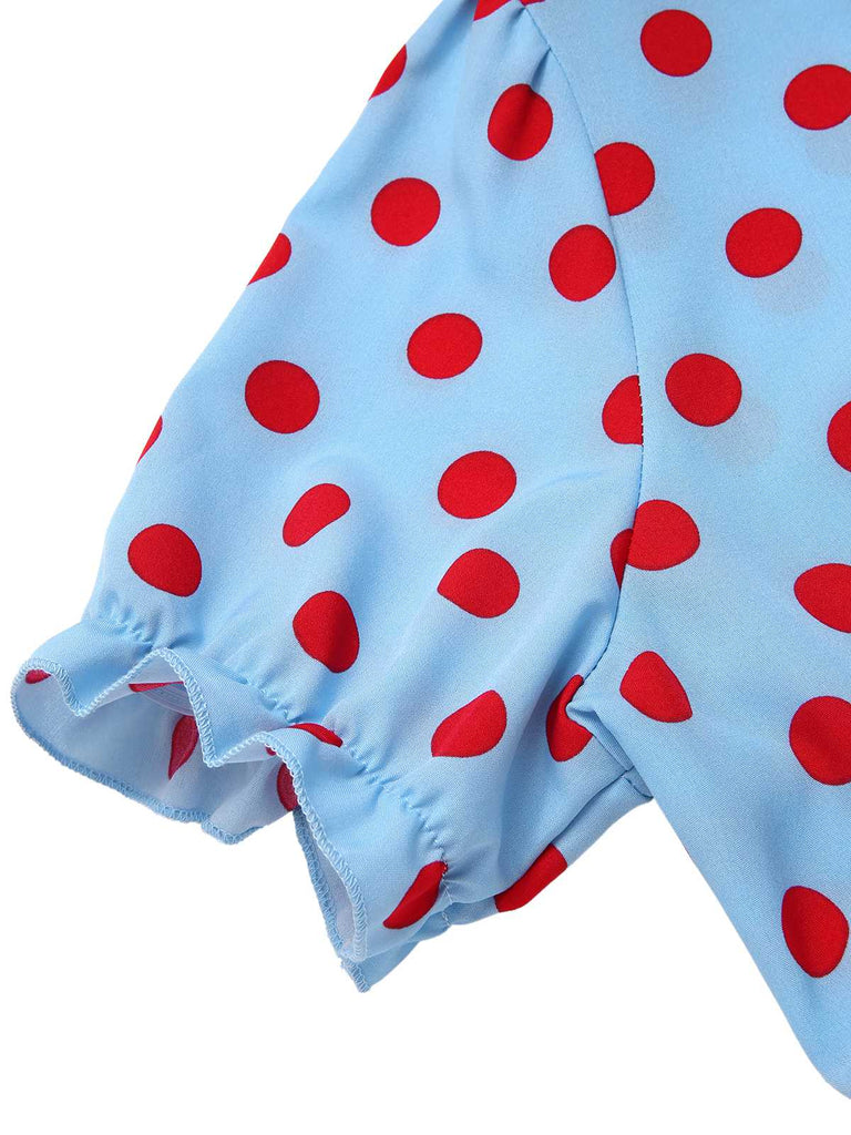 [Prévente] Robe bleue à pois à volants et manches bouffantes années 40