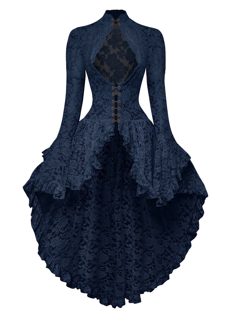 Robe victorienne noire en dentelle à manches gigot des années 1980