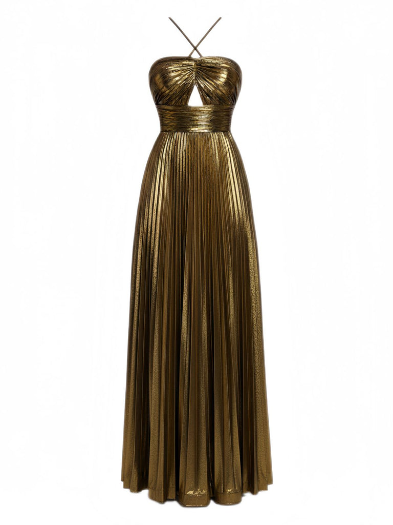 Robe plissée dorée à dos nu et col croisé années 1930
